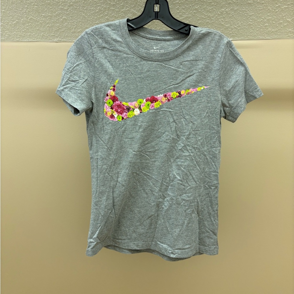Nike Women's Gray Tee with Floral Swoosh